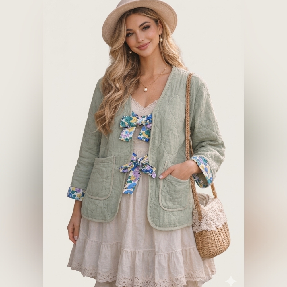 Quilted Sage Green Floral Bow Tie Front‎  Cottagecore  Chore Jacket  L/XL NWT